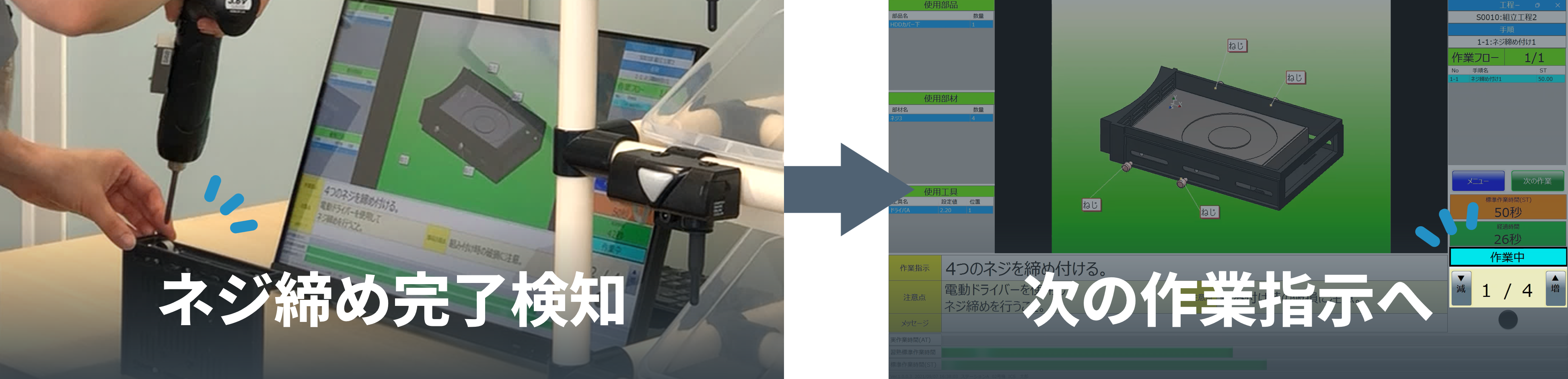 電動ドライバーのネジ締め回数を検知し、次の作業手順を表示する仕組み