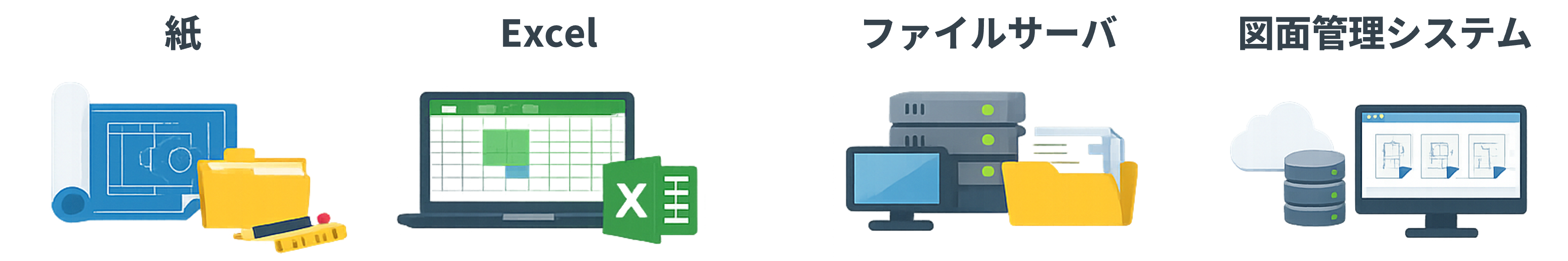紙、Excel、ファイルサーバ、図面管理システムによる4つの図面管理方法