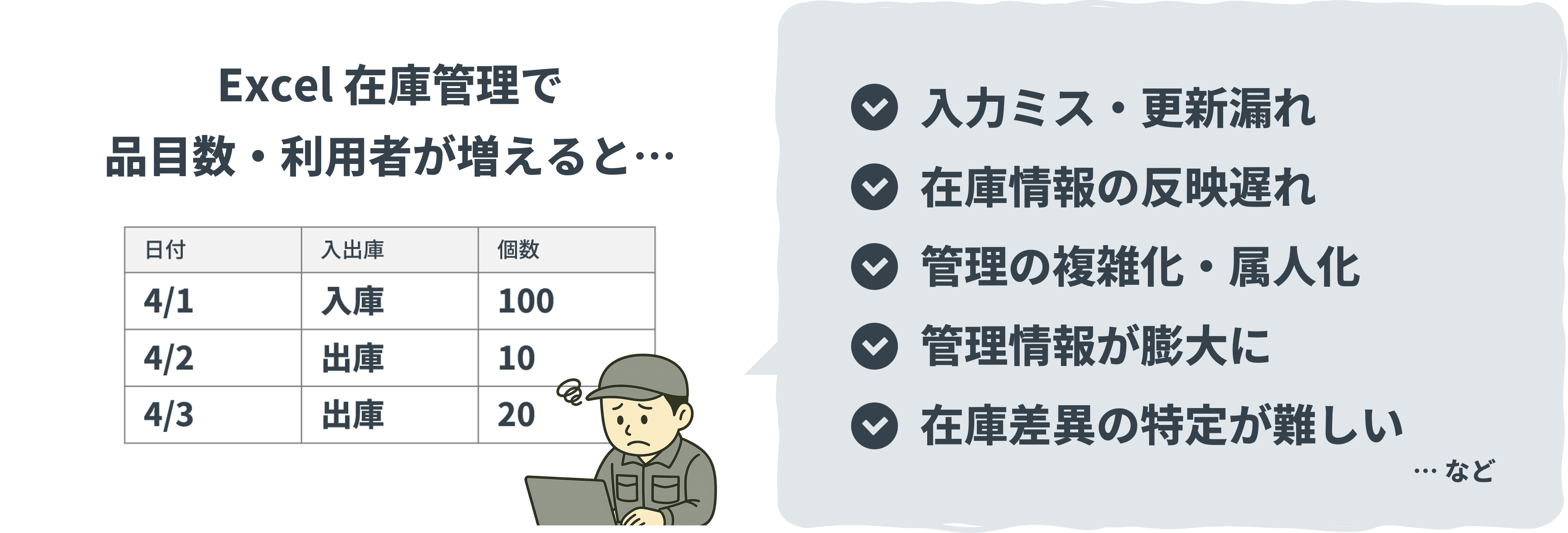 Excel在庫管理で品目数や利用者が増えた場合に起こりやすい課題